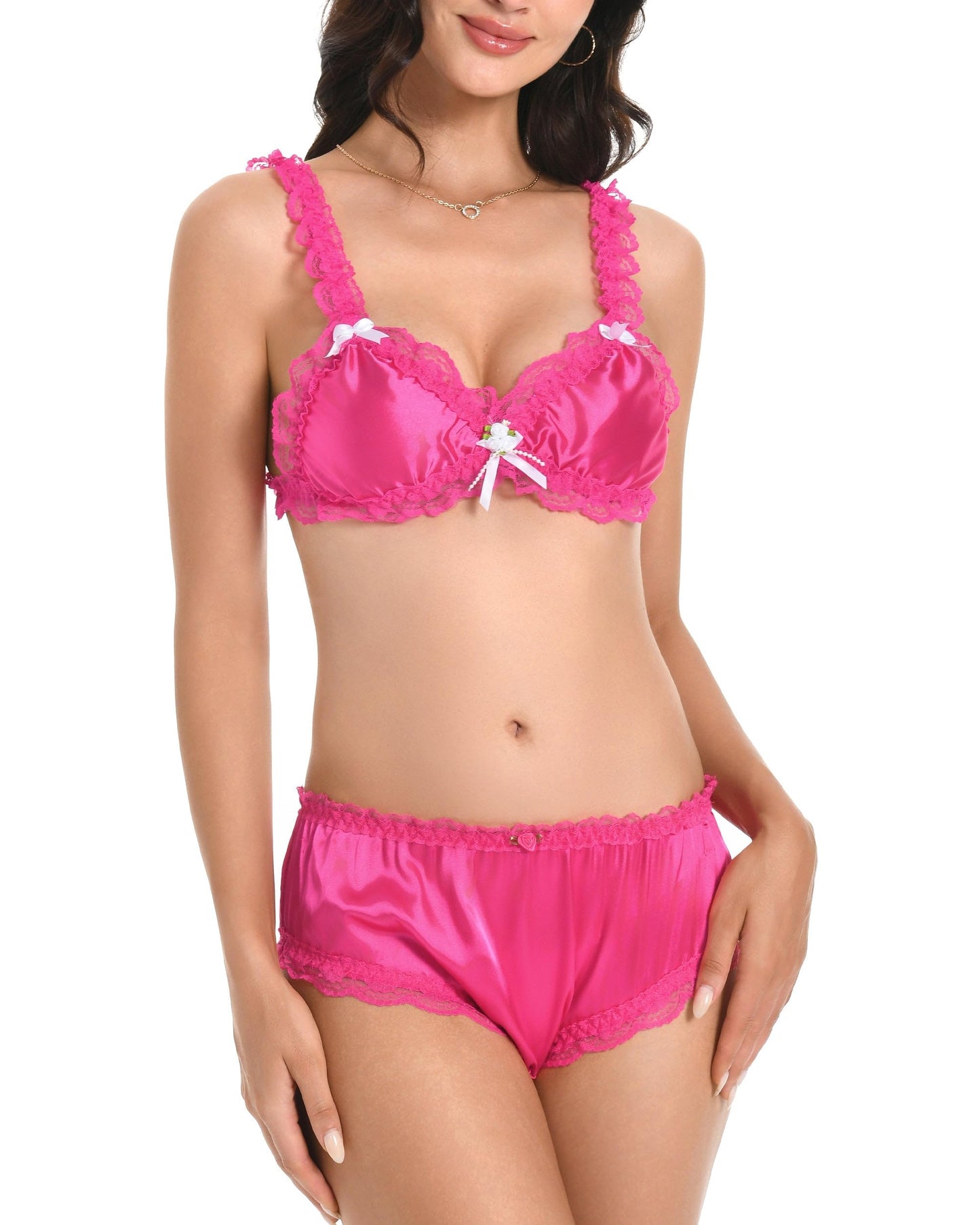 Satini Sissy Rüschen Spitze Tailliert Satin Bralette BH (Leuchtendes Pink, L)