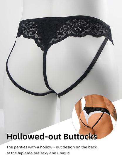 String Tanga Herren Sexy Dessous Kunstleder Unterwäsche Männer Erotisch Wetlook Spitze Höschen Slips Thong Ouvert Transparent Unterhosen T-Back Sissy Reizwäsche Gay Große Größen Schwarz L