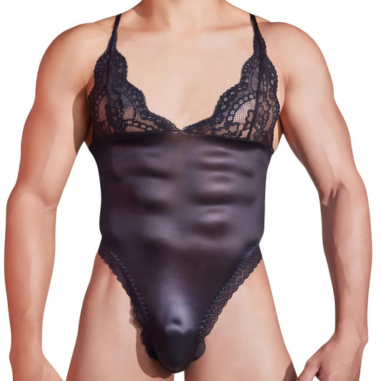 Herren Body aus Netz Spitze sexy Ölglanz Lingerie durchsichtig Einteiler Unterwäsche mit Slip schwarz Body für Club Nachtwäsche Style A