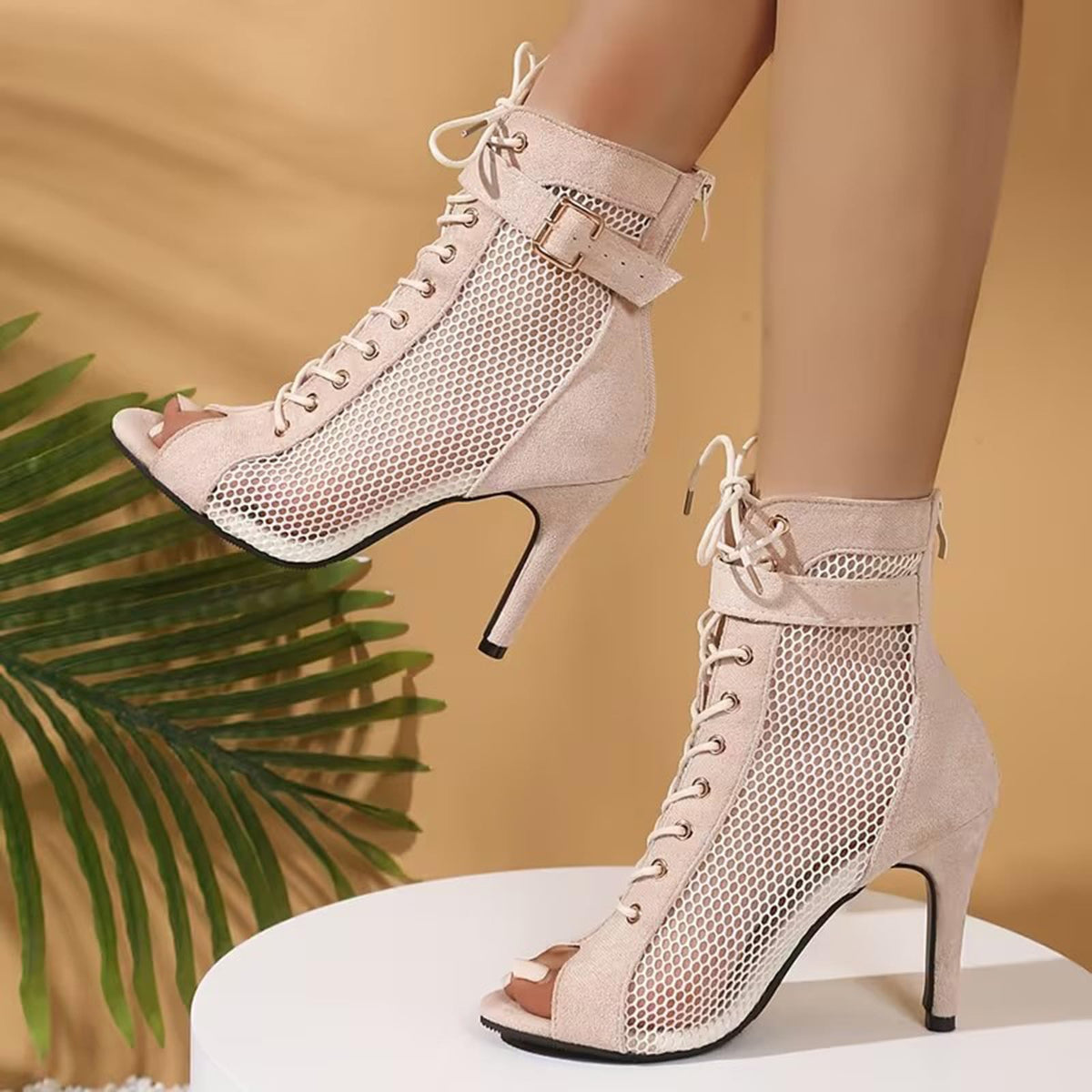 Damen Gladiator Sandalen Atmungsaktiv Netz Dance Heels Strappy Tanzschuhe Latein Peep-Toe Pumps C2 Aprikose 39 EU