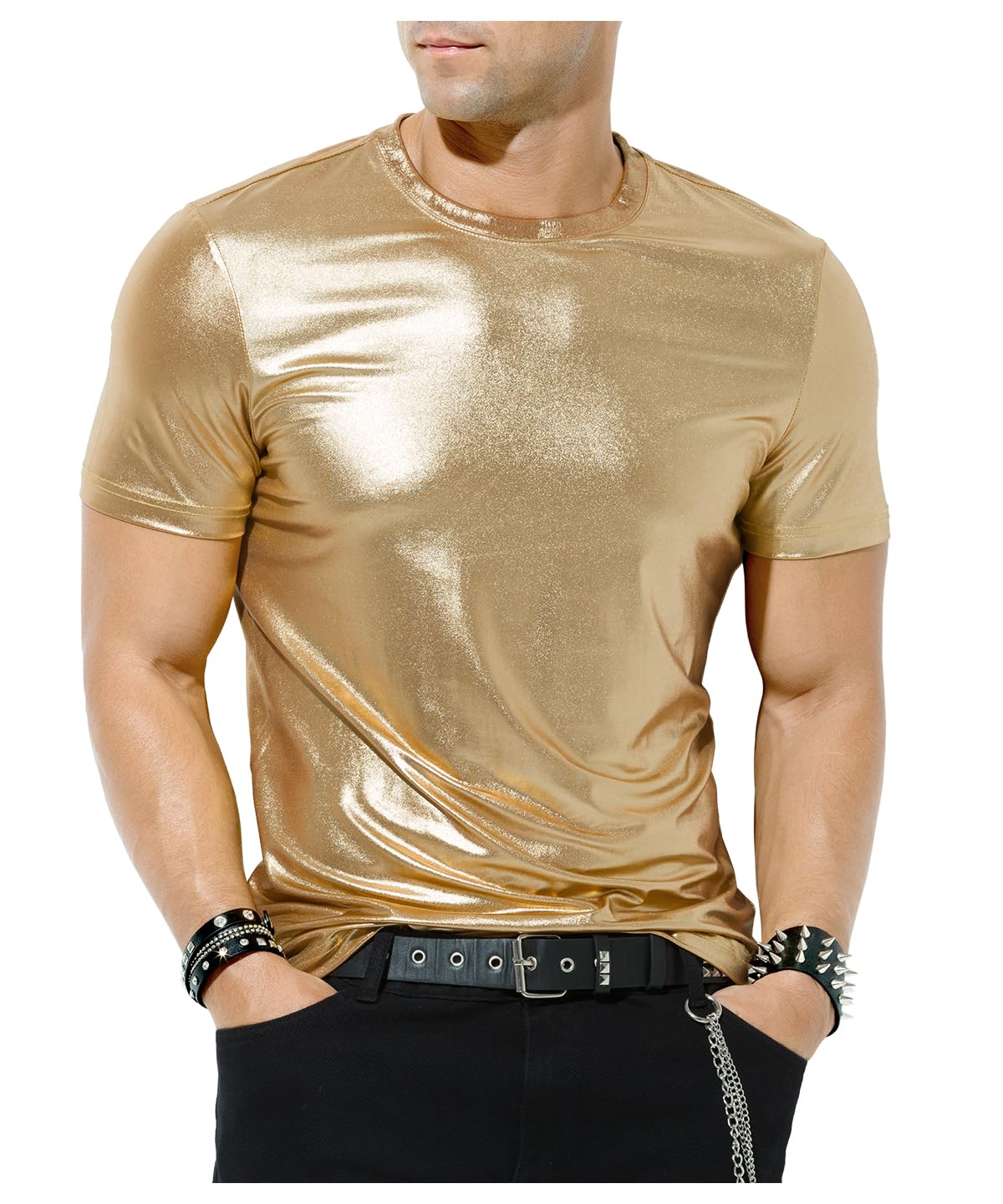 Herren Metallic Glänzend Shirt Nachtclub T-Shirts Clubwear, L