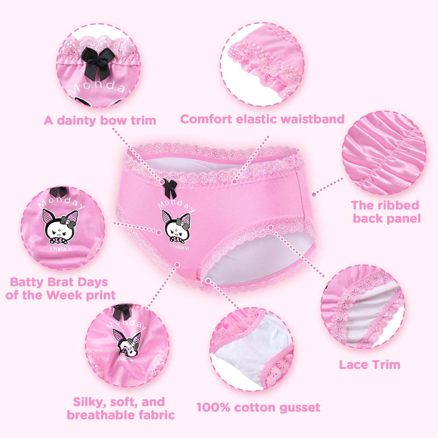 LittleForBig Damenunterwäsche aus weichem, seidigem Material, Bequeme Hipster-Slips, Babydoll Batty Brat, Wochentage, 7er-Pack Höschen-Set XXXL