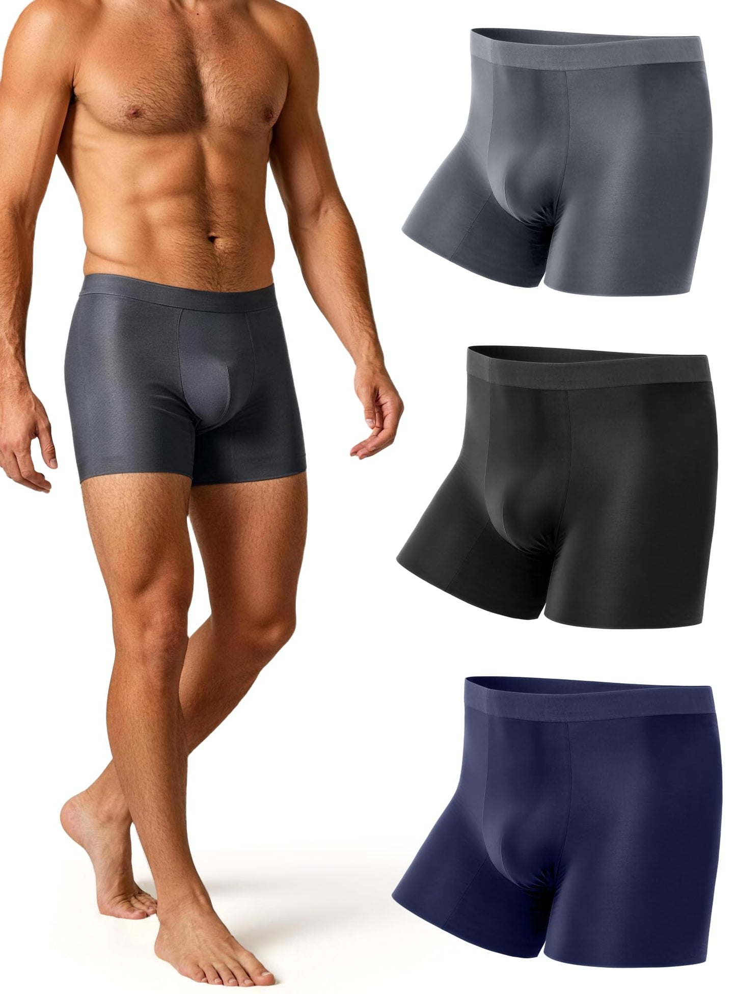 TRENDOUX Boxershorts Herren, Atmungsaktive Eisseide Unterhosen mit Nahtlosem Bund & Langem Bein, Komfortable Retroshorts mit 3D-Pouch, Anti-Chafing, 3er Pack XL