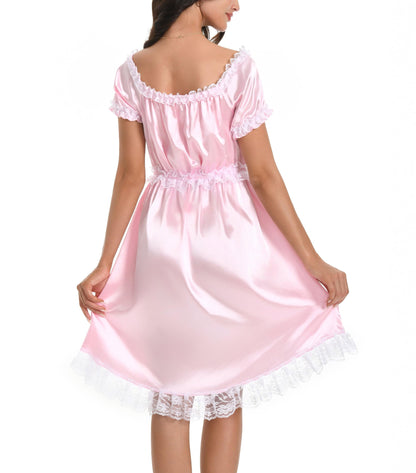 Satini Sissy Satin Nachthemd Maid Spitze Rüschen Dessous, Zartrosa, S