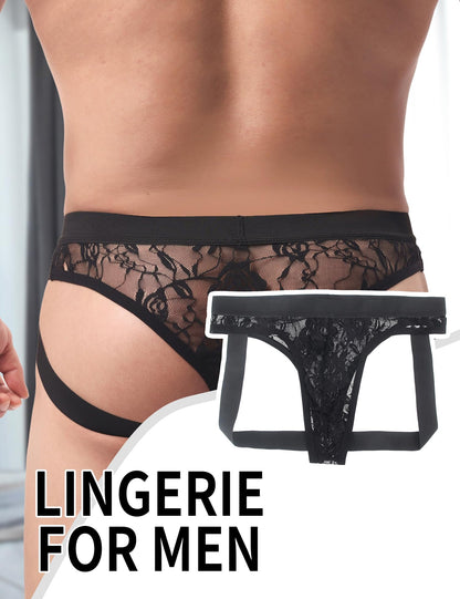 Jockstrap Männer  - Gay Unterwäsche Herren - Sexy Hinten Offen Spitze - Sissy Dessous - Schwarz
