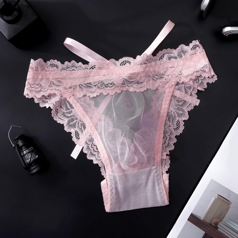 Herren Slip Aus Spitze Und Netz Mit Schleife Durchsichtig 3d Beutel Atmungsaktiv Ice Silk Unterwäsche Reizwäsche Schwarz Größe M(M Pink)