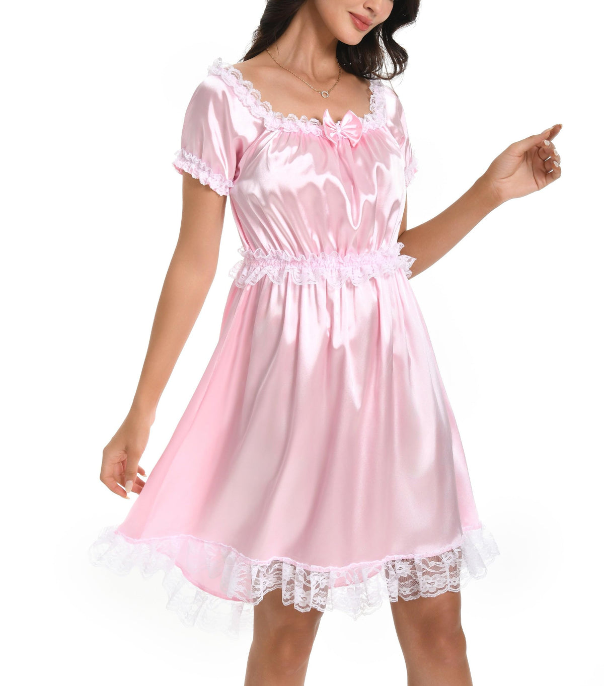 Satini Sissy Satin Nachthemd Maid Spitze Rüschen Dessous, Zartrosa, S