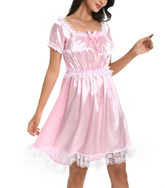 Satini Sissy Satin Nachthemd Maid Spitze Rüschen Dessous, Zartrosa, S