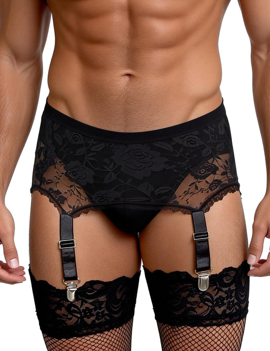 comeondear Herren Strapsgürtel Spitze Sissy Strumpfhalter Sexy(Schwarz,L)