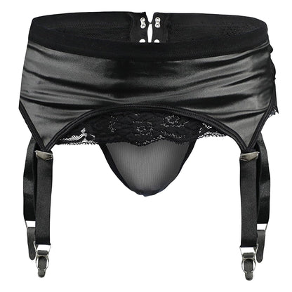 Unterwäsche Männer Herren Sissy Dessous Spitze Reizwäsche Sexy String Tanga Mesh Slip Kunstleder Strumpfband Low Waist Jockstrap Clubwear