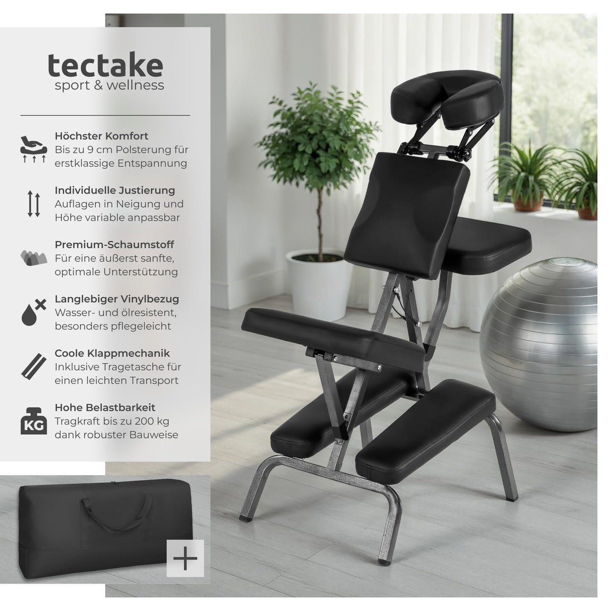 Massagestuhl klappbar, ergonomischer Hocker ohne Armlehne, Mobile Portable Behandlungsliege zusammenklappbar, Massage Stuhl mit Zubehör Tragetasche - schwarz