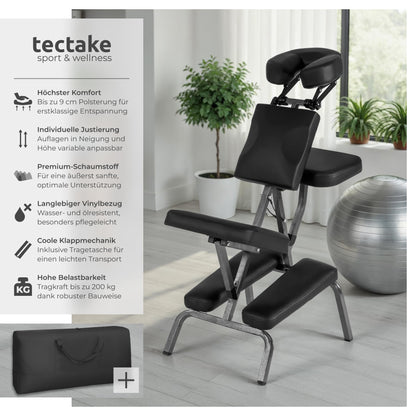 Massagestuhl klappbar, ergonomischer Hocker ohne Armlehne, Mobile Portable Behandlungsliege zusammenklappbar, Massage Stuhl mit Zubehör Tragetasche - schwarz