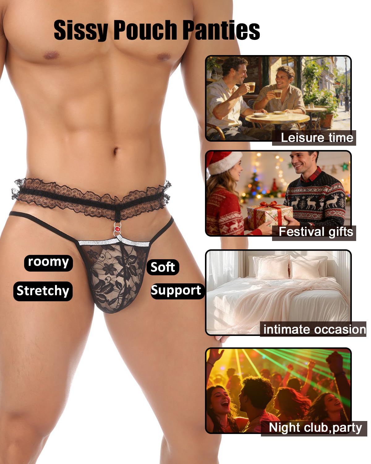 Herren-Stringtanga mit Spitze, Rüschen, Tanga, femininer G-String, Unterwäsche für Herren, sexy Dessous, Schwarz, Einheitsgröße