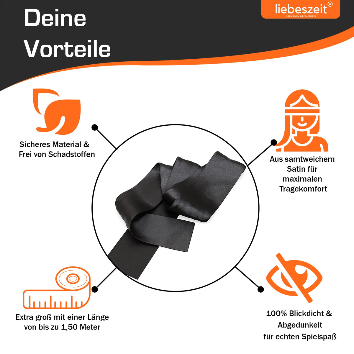 LIEBESZEIT© Premium Augenbinde für Frau Sex - Erotische Augenmaske Augenbinde Schwarz Blindfold Mask aus Satin - 100% Blickdicht Fesseln Bondage Sextoysets Sexpielzeug für Paare Extrem
