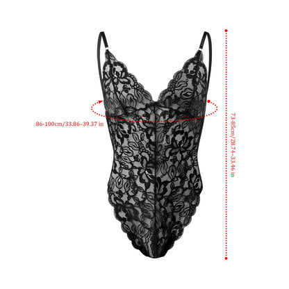 Reizwäsche Herren Spitze String Bodysuit transparent Sissy Dessous Stringbody mit verstellbaren Trägern V-Ausschnitt, erotische Nachtwäsche für Männer