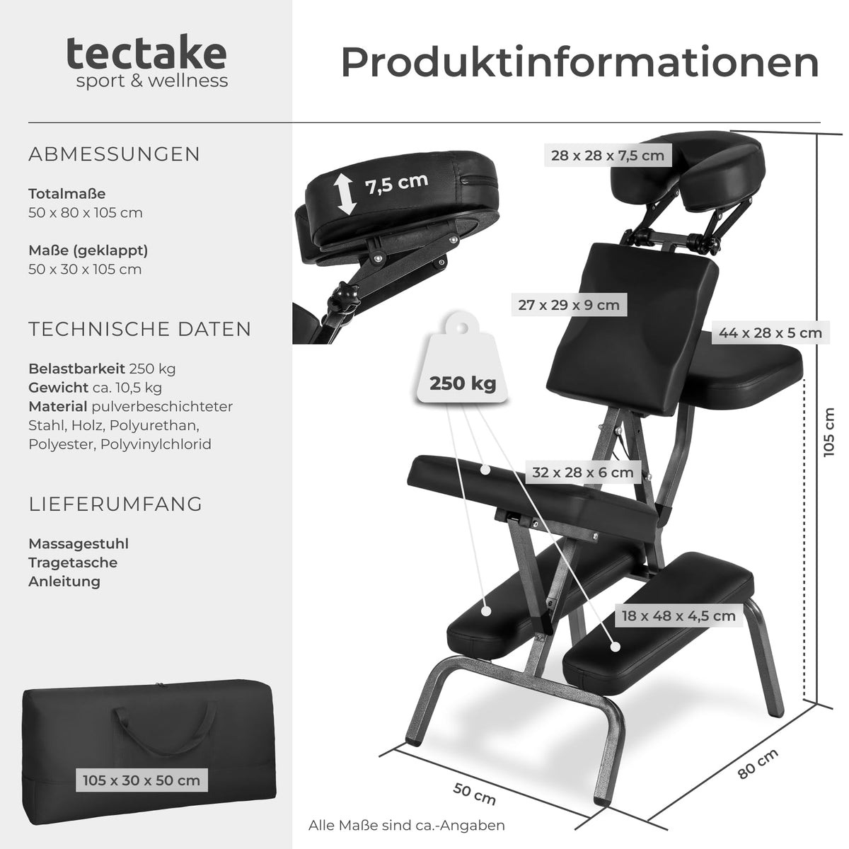 Massagestuhl klappbar, ergonomischer Hocker ohne Armlehne, Mobile Portable Behandlungsliege zusammenklappbar, Massage Stuhl mit Zubehör Tragetasche - schwarz