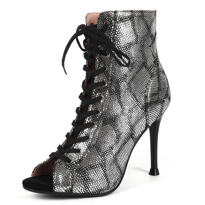 Damen Heeled Sandalen Burju Dance Heels Peeptoe Schnürung Gladiator Stiefeletten Stiletto Dressy Party Pole Dance Schuhe Leder Metallisch Snake Print Size 40
