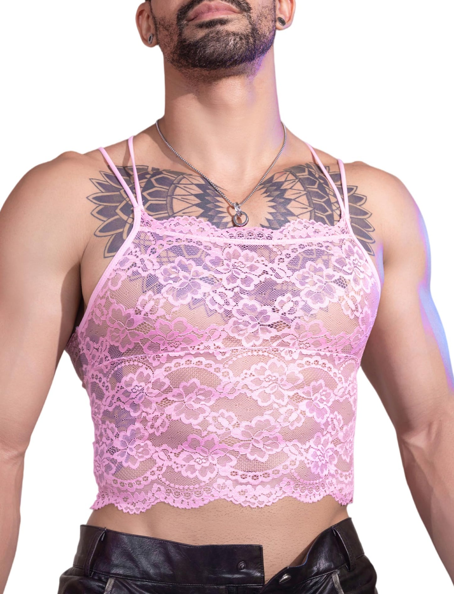 Men's Sissy Lace Crop Top Double Straps Floral Lace Tank Top Undershirt Sleeveless Vest Sexy Sheer Shirt Rosa