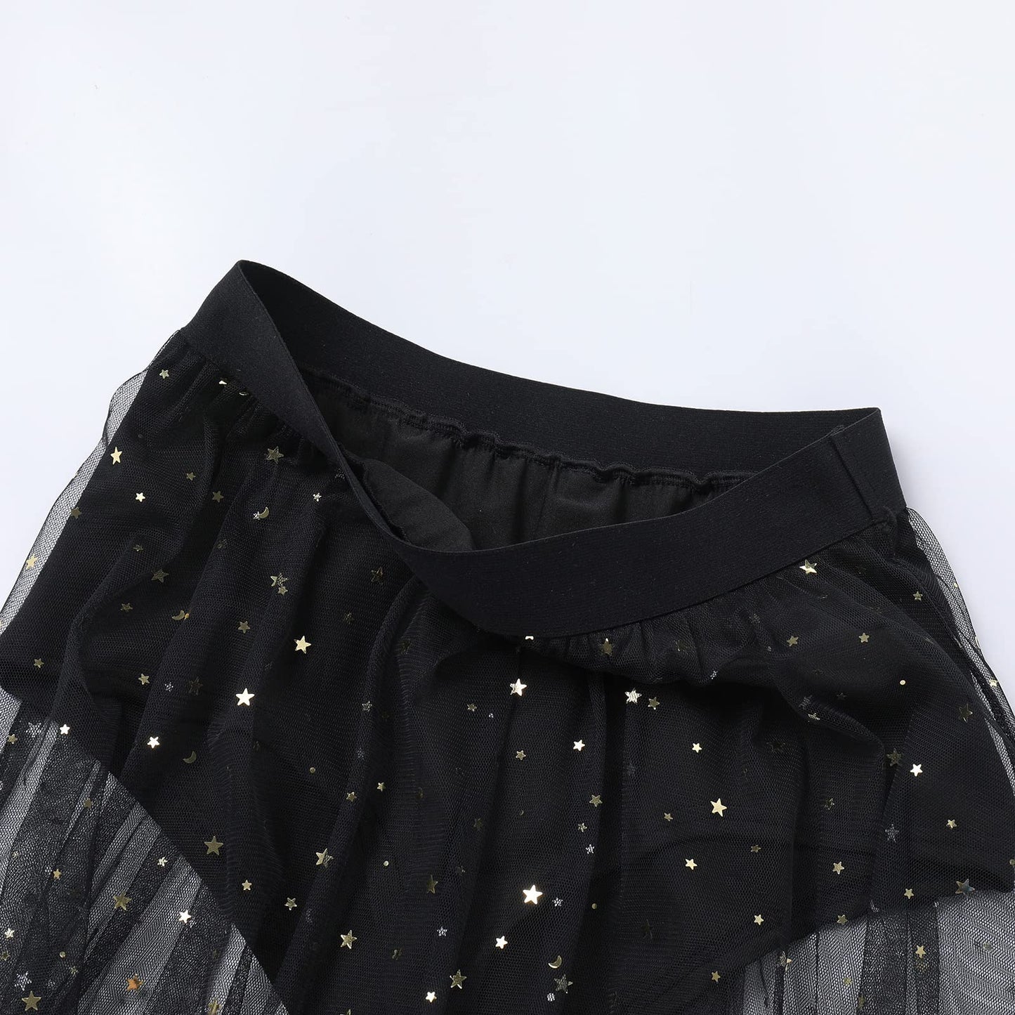 Festival Outfit Damen Rave Techno Sexy 2 in 1 Transparent Mesh Rock Shorts High Waist Maxirock Y2K Glitzer Sterne Pailletten Gothic Tüllrock Teenager Mädchen Party Streetwear Clubwear Schwarz M