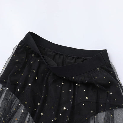 Festival Outfit Damen Rave Techno Sexy 2 in 1 Transparent Mesh Rock Shorts High Waist Maxirock Y2K Glitzer Sterne Pailletten Gothic Tüllrock Teenager Mädchen Party Streetwear Clubwear Schwarz M