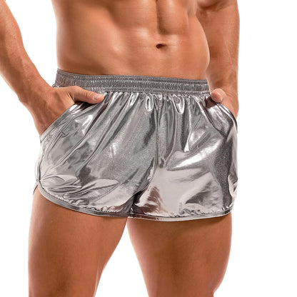 Herren Sexy Metallic Shorts Glitzer Kurze Hose (Silber, L)