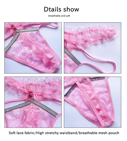 Herren-Stringtanga mit Spitze, Rüschen, Tanga, femininer G-String, Femboy - Crossdresser, Pink