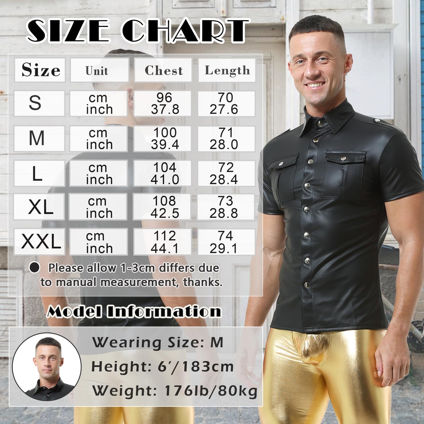 Herren Kunstleder Hemd mit 2 Taschen Button Down Halsausschnitt Kurzarm Weste für die Arbeit Business Casual