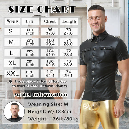 Herren Kunstleder Hemd mit 2 Taschen Button Down Halsausschnitt Kurzarm Weste für die Arbeit Business Casual