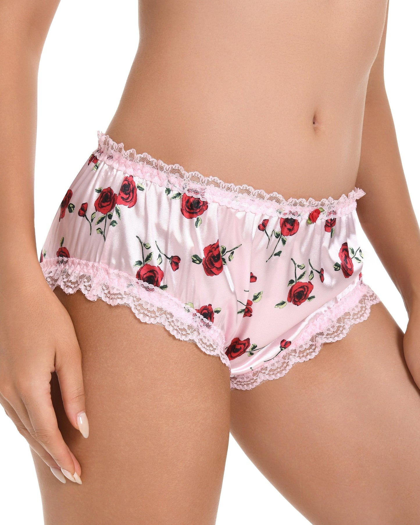 Satini Satin Gerüschte Spitze Sissy French Knickers Slips Höschen Unterwäsche (Zartrosa - rote Rosen, L)