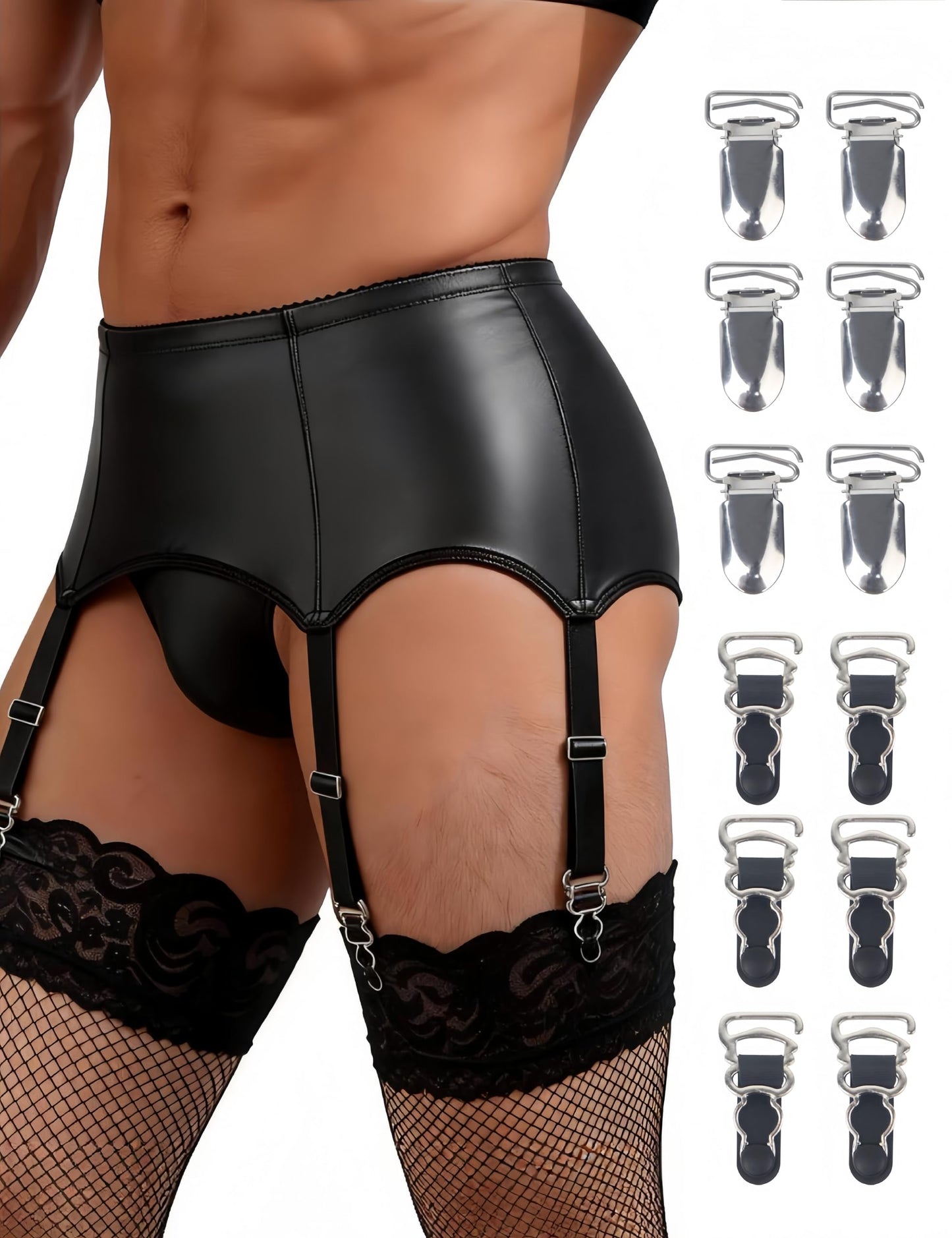 Herren Strapsgürtel PU Leder Schwarz Strumpfhalter für Männer Sissy Dessous Set Strumpfband mit 6 Halter Große Größen Erotische Unterwäsche Garter Belt Hosenträger Strapshalter Schwarz,M