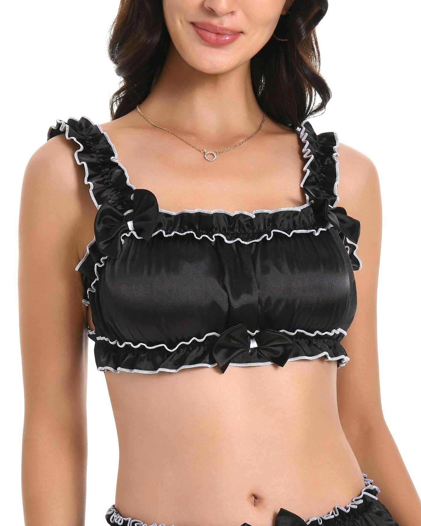 Satini Sissy Rüschen Gerafft Tailliert Seidig Satin Dessous Bralette (Schwarz, S)