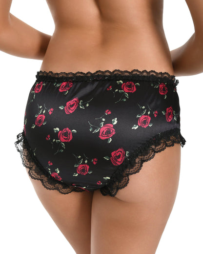 Satini Satin Gerüschte Spitze Sissy French Knickers Slips Höschen Unterwäsche (Schwarz - rote Rosen, L)
