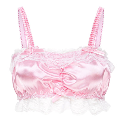 Satini Sissy Rüschen Spitze Tailliert Seidig Satin Dessous Bralette (Zartrosa, L)