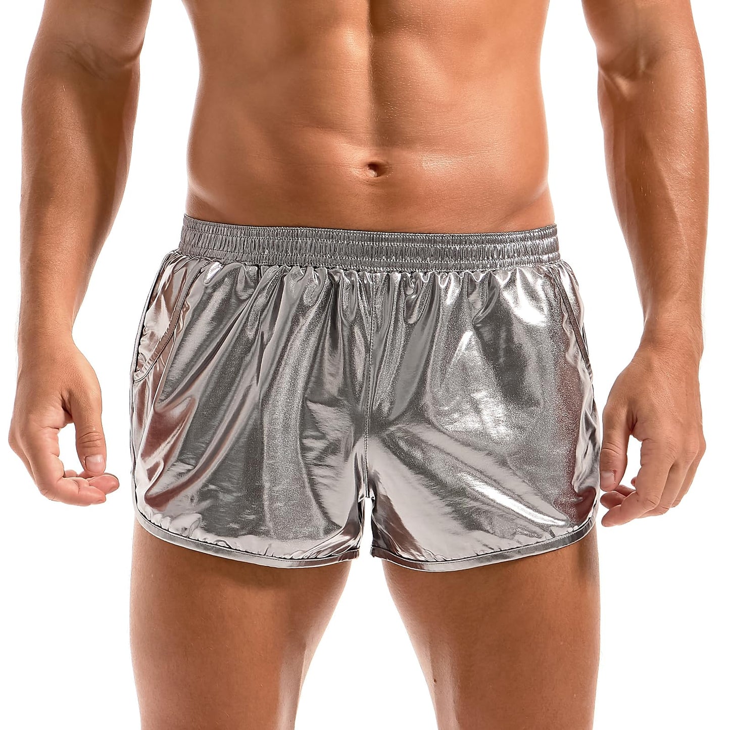 Herren Sexy Metallic Shorts Glitzer Kurze Hose (Silber, L)