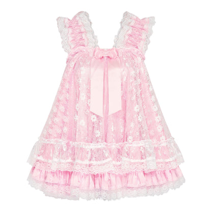 Satini Sissy Satin Babydoll Blumenspitze Dessous, Zartrosa - Weiß, S