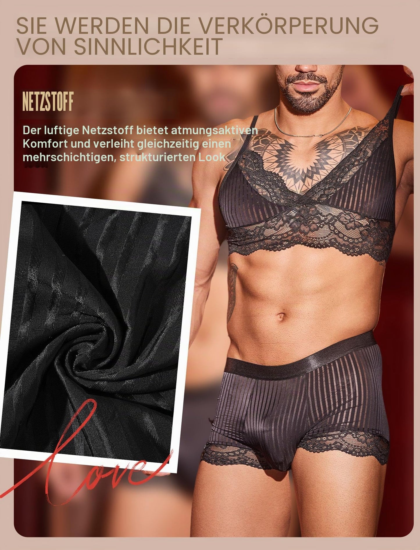 Männer Unterwäsche Set Herren Mesh Thong Niedrige Taille Reizwäsche Transparent BH und Slips Spitze Dessous Set 2tlg