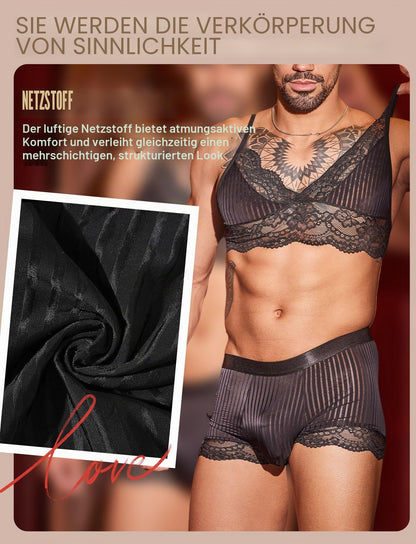 Männer Unterwäsche Set Herren Mesh Thong Niedrige Taille Reizwäsche Transparent BH und Slips Spitze Dessous Set 2tlg