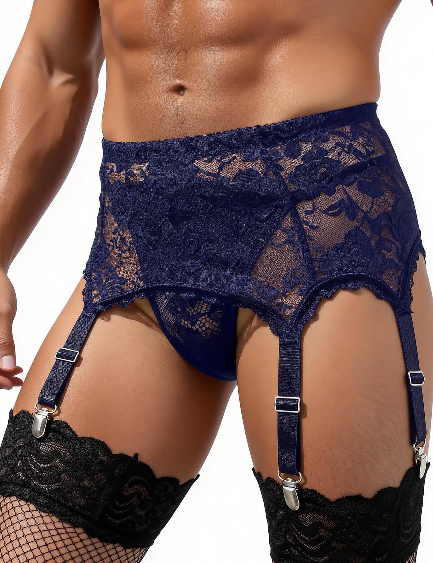 Sexy Strapsgürtel Herren Spitze Strapshalter Große Größen Strapsen Dessous Set Crossdresser Gay Unterwäsche Oberschenkel Strumpfband Garter Belt mit 6 Halter und String Blau M