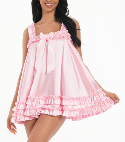 Satini Sissy Satin Babydoll Rüschen Dessous Glänzend, Zartrosa, S