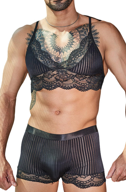 Männer Schwarz Crossdressing Dessous-Set Spitzen-BH Unterwäsche Set 2-Teilig