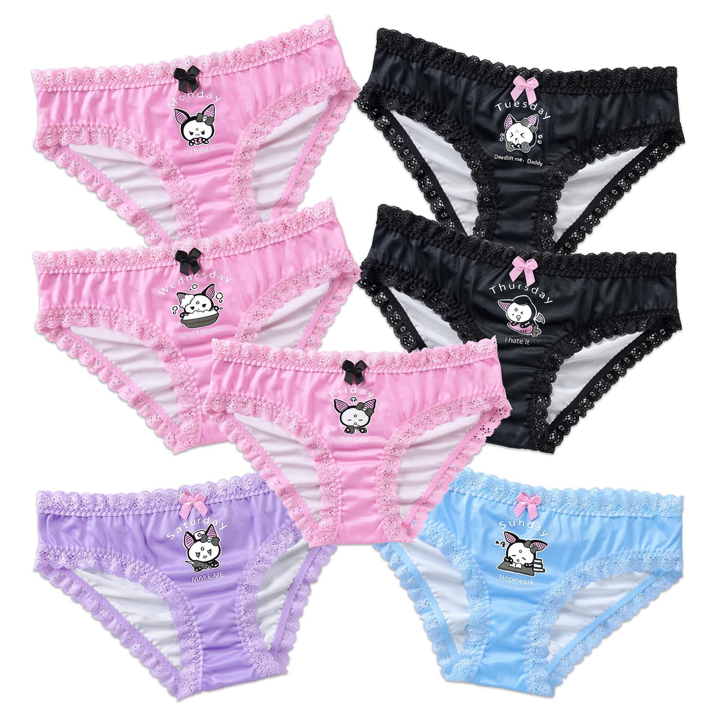 LittleForBig Damenunterwäsche aus weichem, seidigem Material, Bequeme Hipster-Slips, Babydoll Batty Brat, Wochentage, 7er-Pack Höschen-Set XXXL