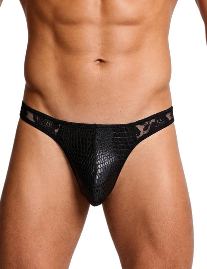 comeondear String Tanga Männer Kunstleder Slip Sexy Spitze Thong Schwarz XL