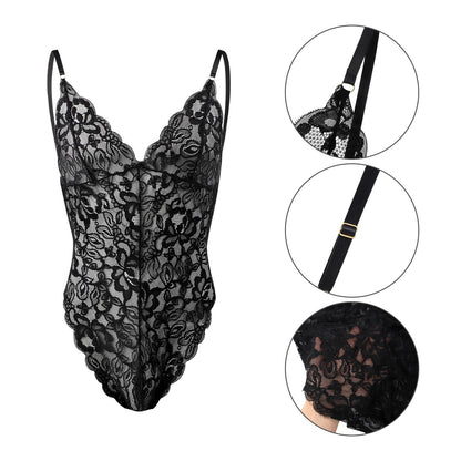 Reizwäsche Herren Spitze String Bodysuit transparent Sissy Dessous Stringbody mit verstellbaren Trägern V-Ausschnitt, erotische Nachtwäsche für Männer