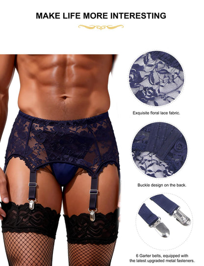 Sexy Strapsgürtel Herren Spitze Strapshalter Große Größen Strapsen Dessous Set Crossdresser Gay Unterwäsche Oberschenkel Strumpfband Garter Belt mit 6 Halter und String Blau M