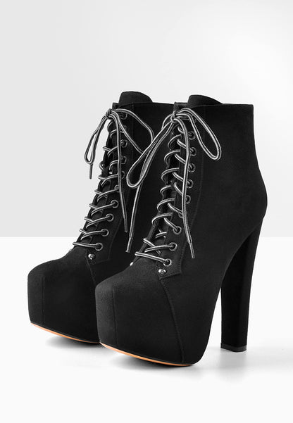Damen Schnürstiefeletten Plateau Blockabsatz Ankle Boots Lace up Warm Gefüttert Flanell Schwarz 46 EU