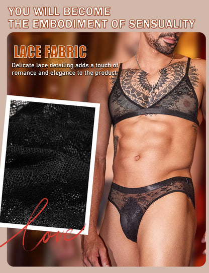 Adigau Herren Sissy Dessous Set Schwarzer Spitzen-BH mit Slips Höschen Gay Unterwäsche Männer Reizwäsche Bikini Crossdressing Schlafanzug