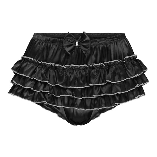 Satini Rüschen Sissy Gerafft French Knickers Slips Dessous Seidig Satin Unterwäsche Höschen (Schwarz, M)