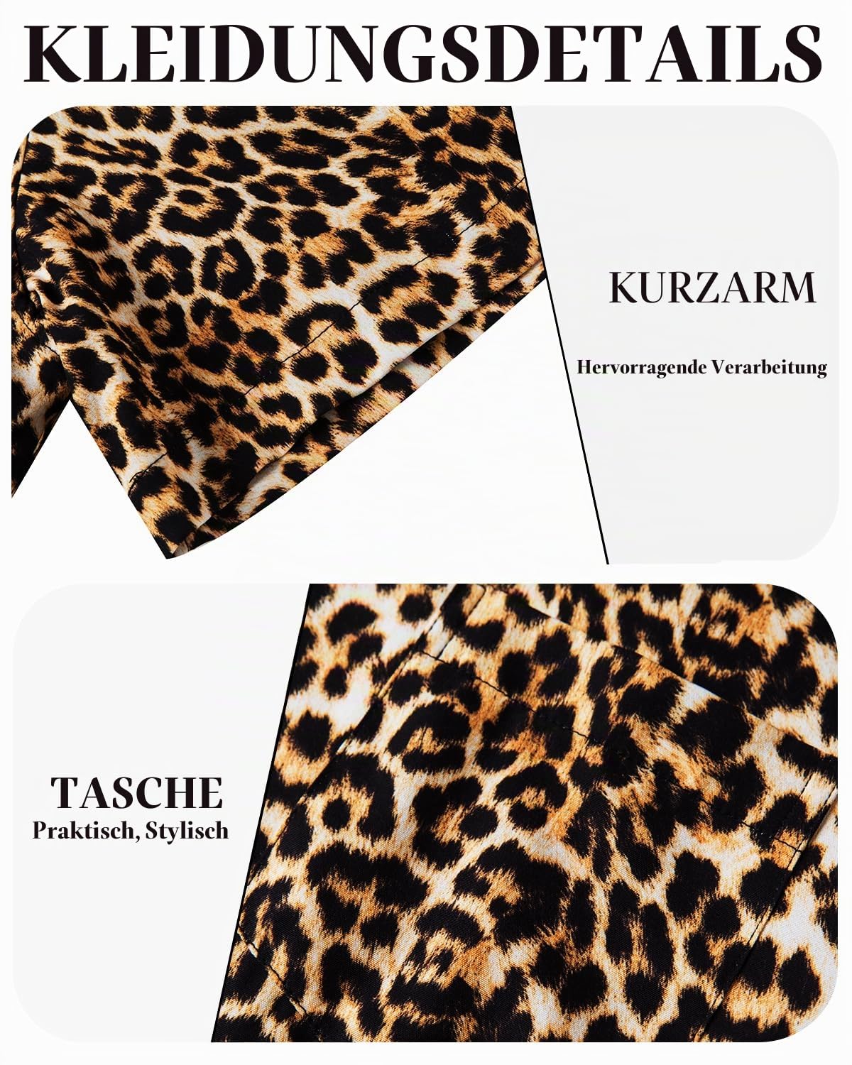 fohemr Herren Leopard Hemd Kurzarm Button down Tiger Tier Muster Freizeithemd Sommerhemd Gelb Small