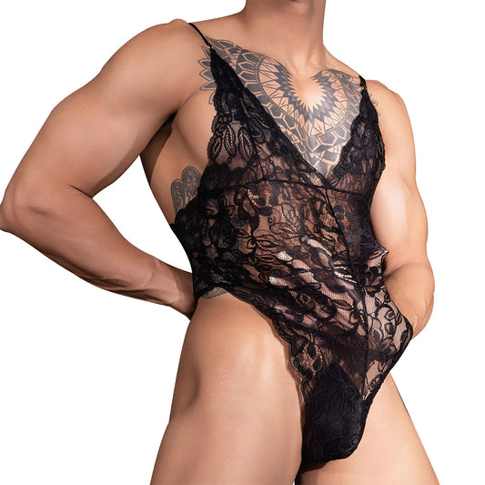 Reizwäsche Herren Spitze String Bodysuit transparent Sissy Dessous Stringbody mit verstellbaren Trägern V-Ausschnitt, erotische Nachtwäsche für Männer