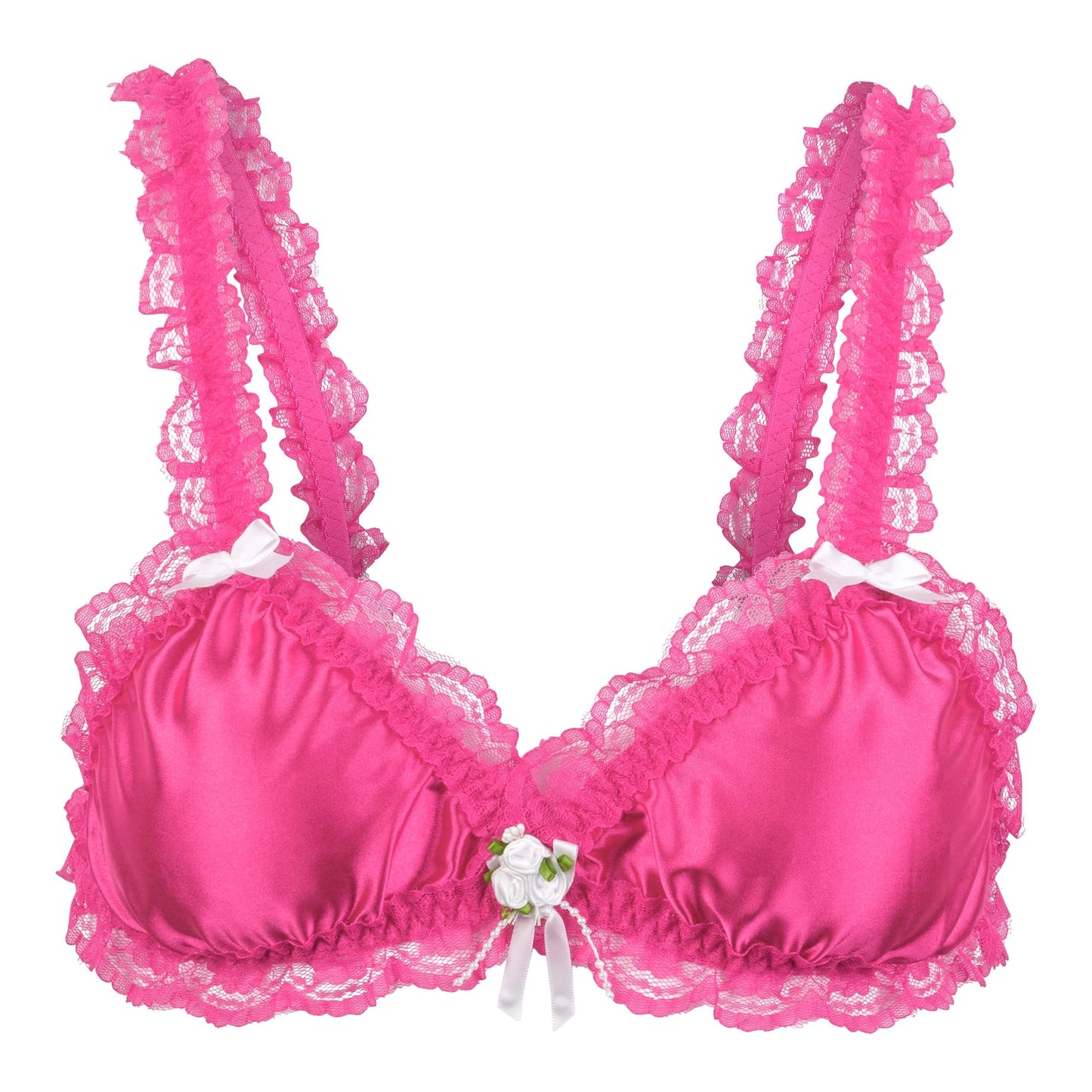 Satini Sissy Rüschen Spitze Tailliert Satin Bralette BH (Leuchtendes Pink, L)